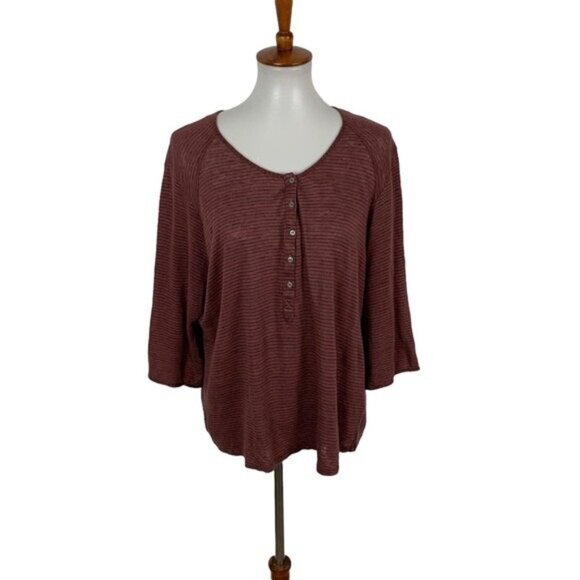 Wrap London 100% Linen Striped Boho Oversized Button Henley Top Blouse 16 - Picture 1 of 5